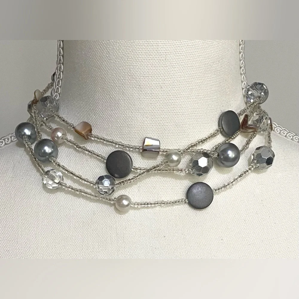 Long Wrap Crystal Clear Gray Pearl Beaded Necklace Boho Eclectic Feminine